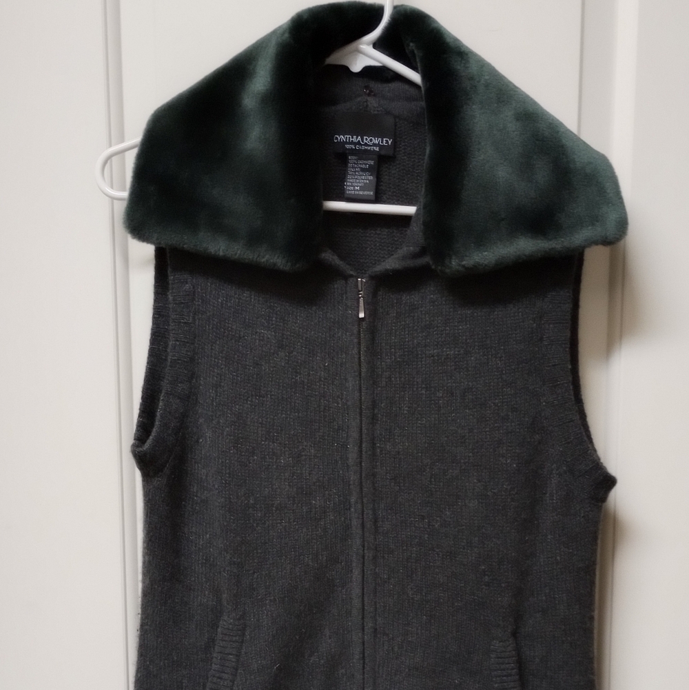 Cynthia Rowley Charcoal Vest with Faux Fur Collar - 100% Cashmere